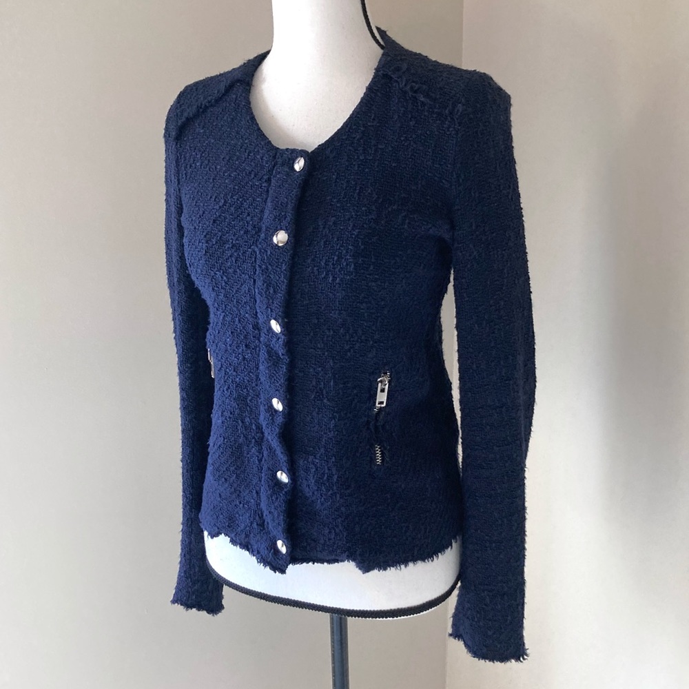 IRO Navy Blue Distressed Tweed Boucle Aggy Button Snap Zipper Jacket Size 8 - Picture 5 of 12
